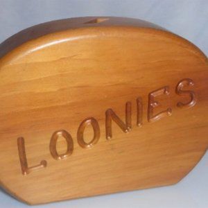 Hand Carved Wood BANK Loonie Bank Coin Collection Saving Handmade Wood Bank